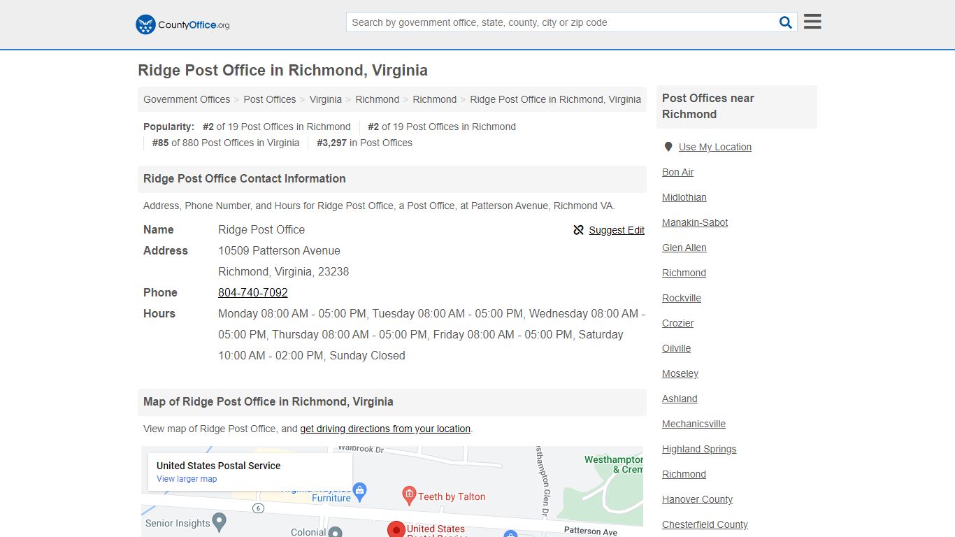 Ridge Post Office - Richmond, VA (Address, Phone, and Hours)