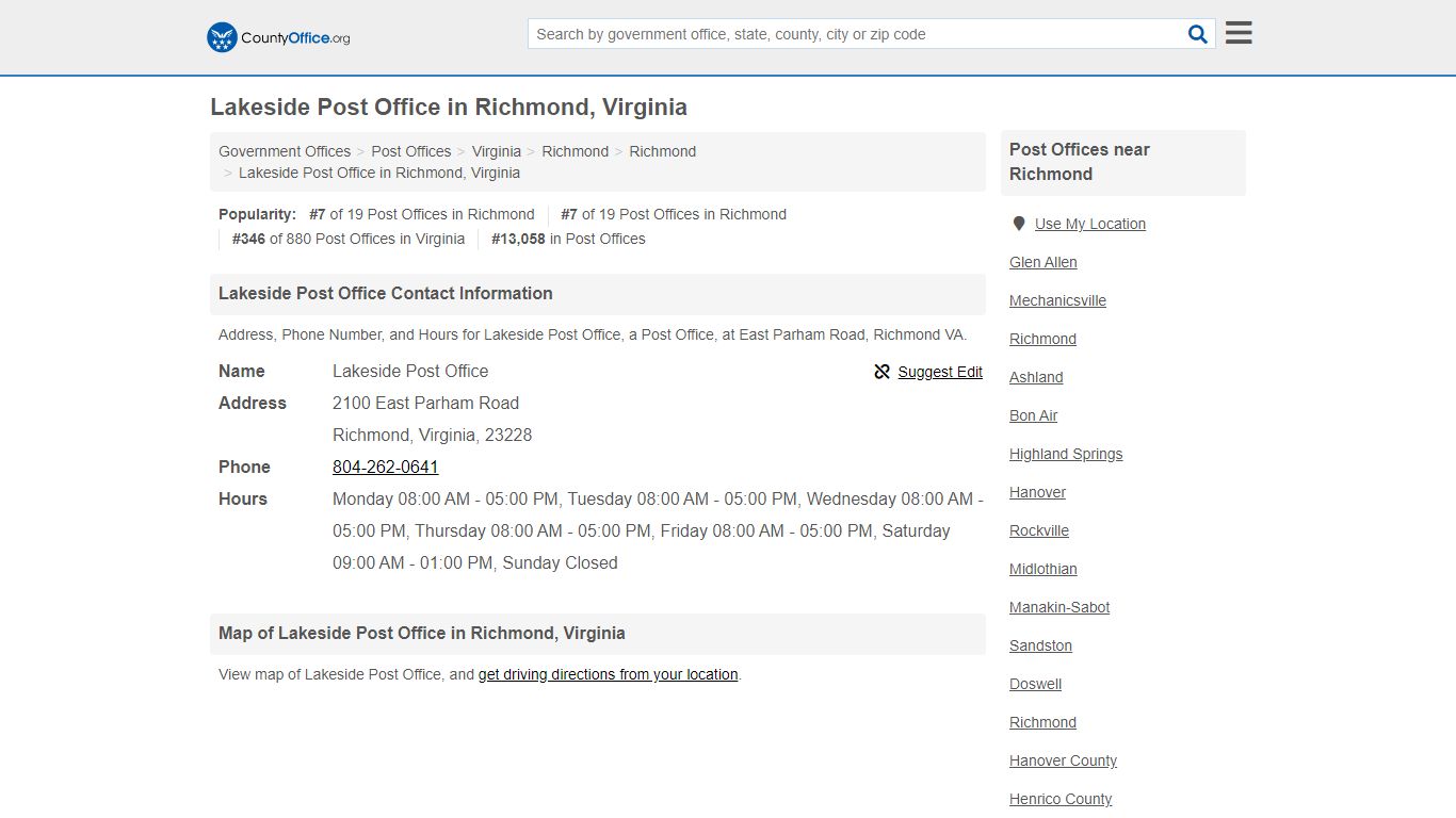 Lakeside Post Office - Richmond, VA (Address, Phone, and Hours)