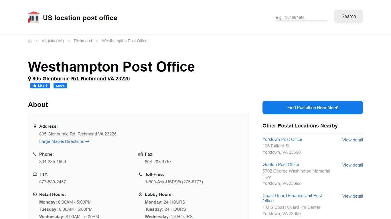 Westhampton Post Office, VA 23226 - Hours Phone Service and Location