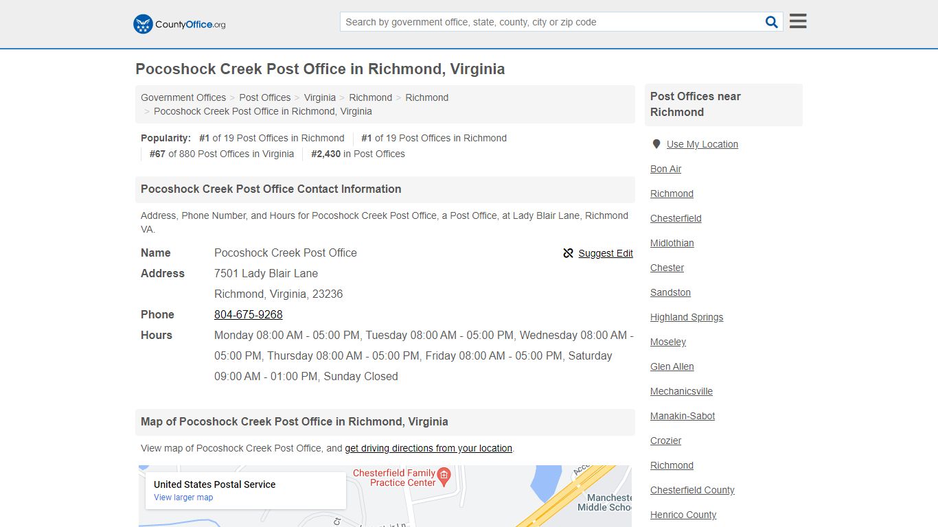 Pocoshock Creek Post Office in Richmond, Virginia - County Office